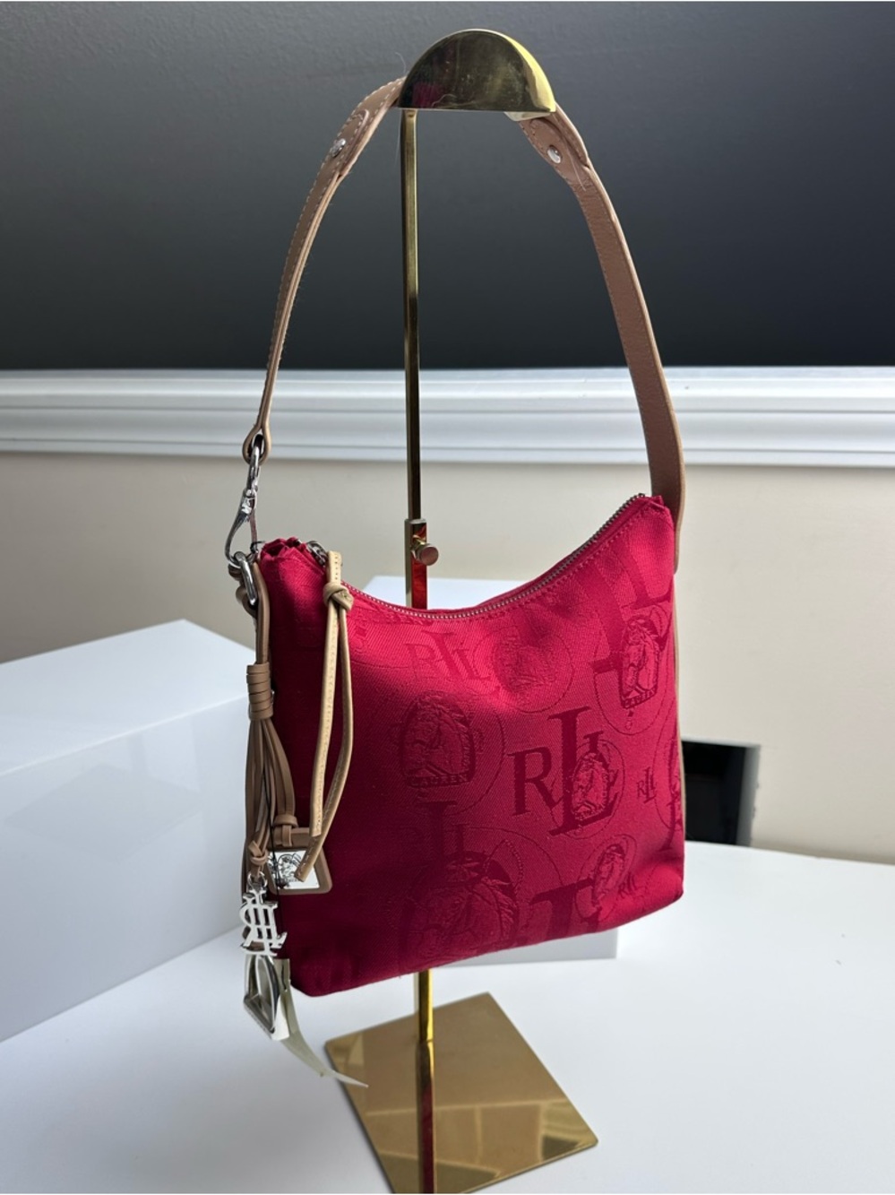 Ralph Lauren Equestrian Shoulder Bag Tan Vachetta Leather Vibrant Red Cloth New!
